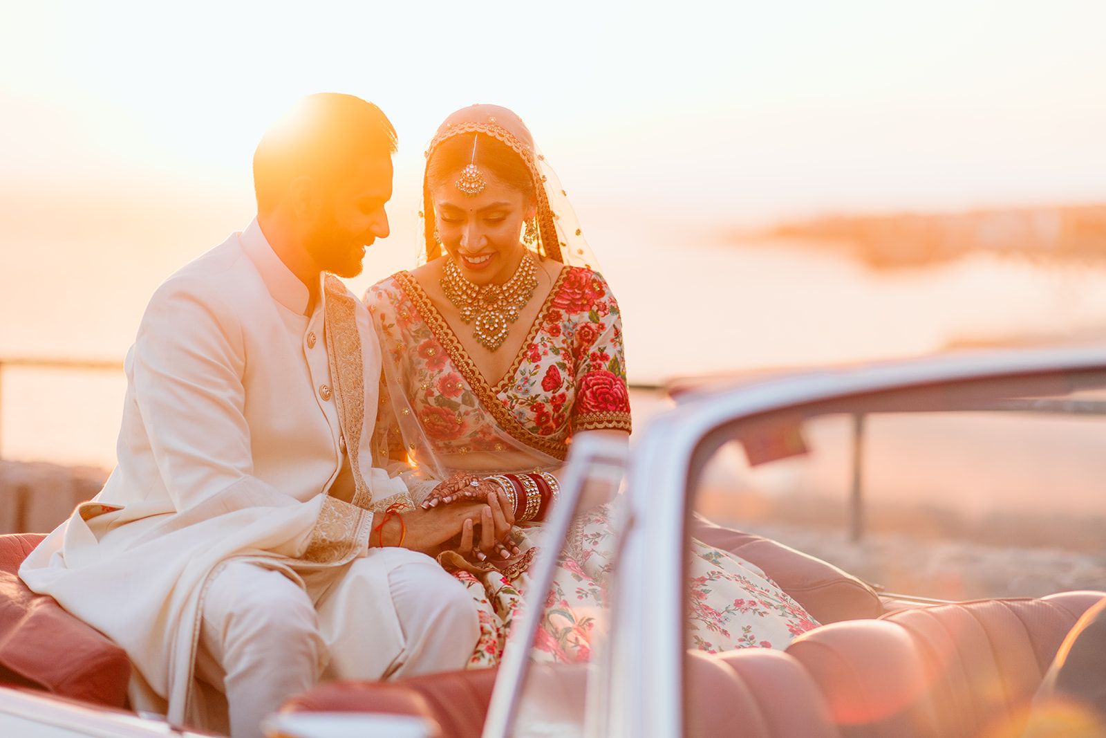 Bride and groom's golden hour photoshoot after their Indian wedding in Spain